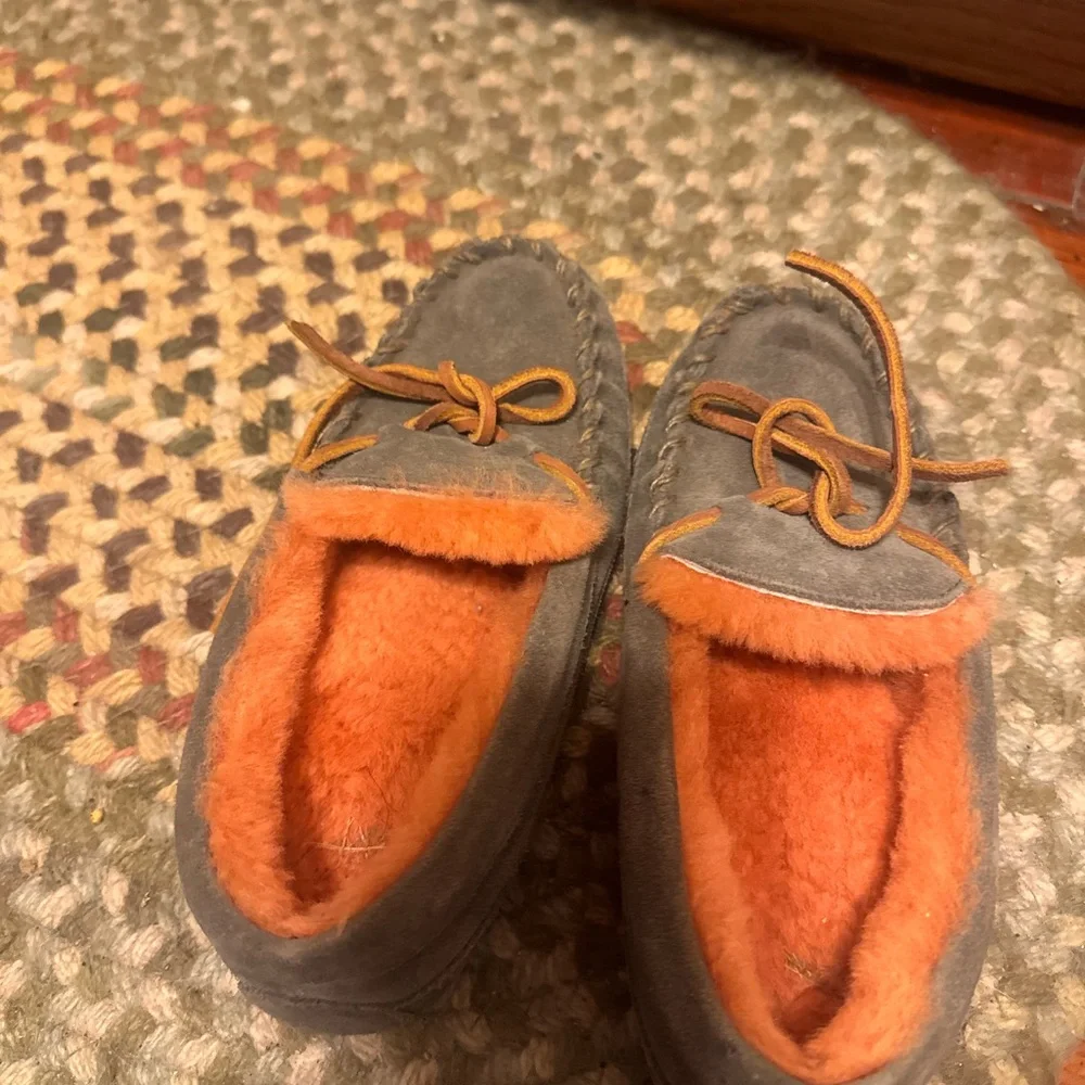Cozy Gray and Orange Kids Moccasins Australian fur LL Bean toddler size 11